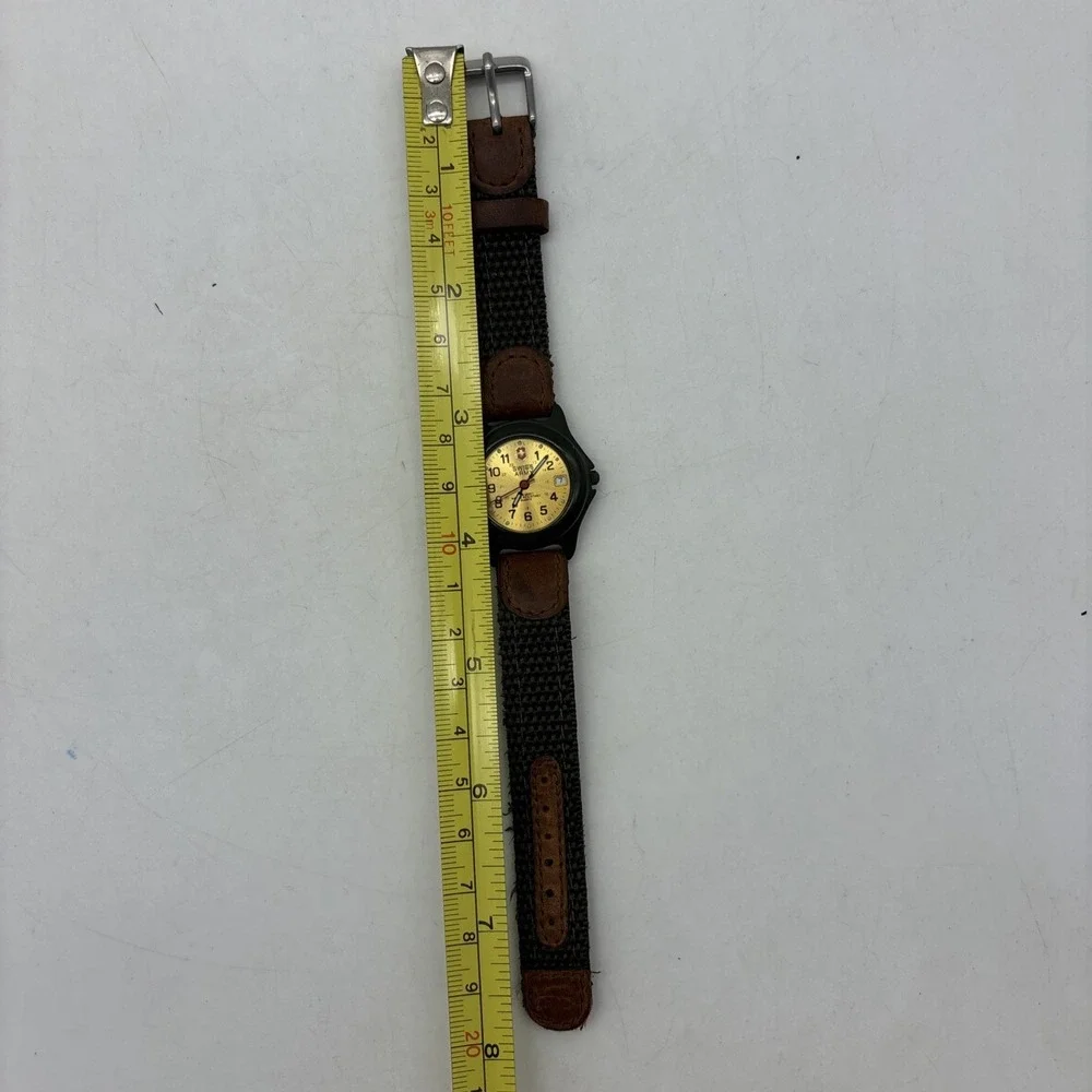 Swiss Army Quartz Wristwatch 3888 Date Fabric Leather Band Green Gold Face Women